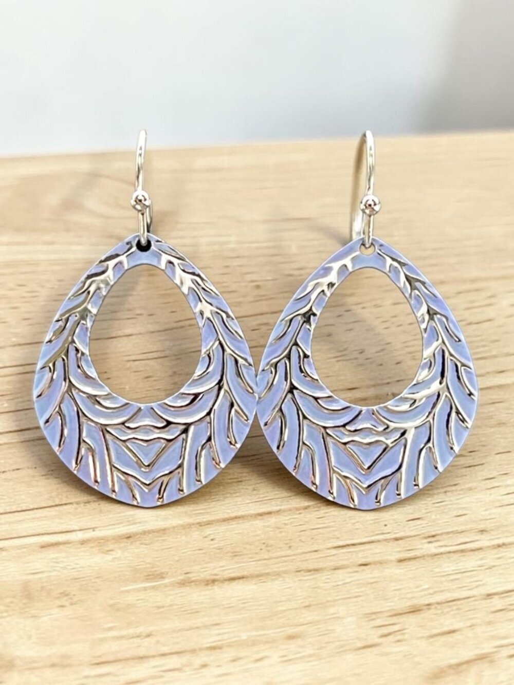 Blue Feather Teardrop Drop Earrings | Silver Tone